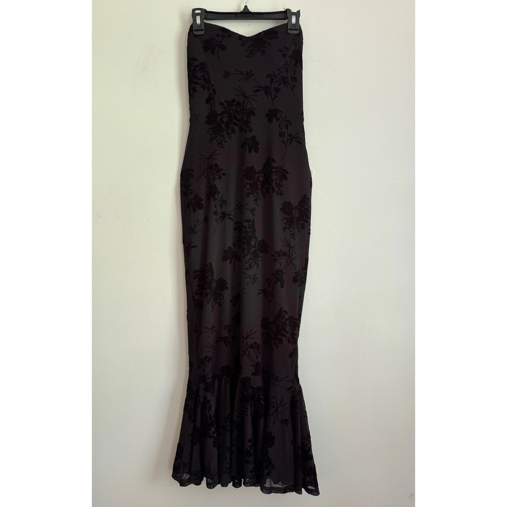 Black Burnout Velvet Floral Strapless Corset Lace Up Maxi Dress Whimsigoth M